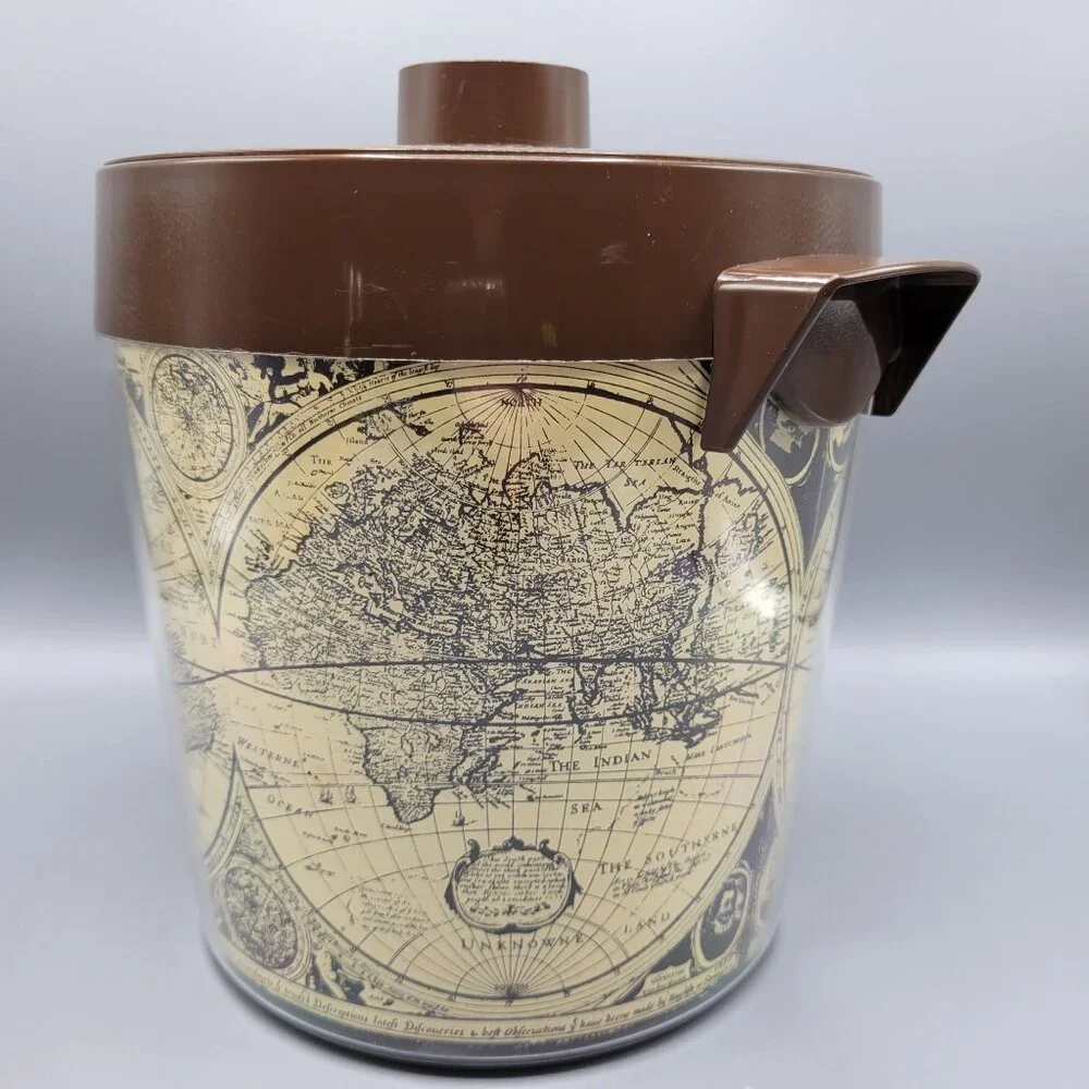 Vintage Thermo-Serv West Bend USA Brown Lid Ice Bucket With World Map Design